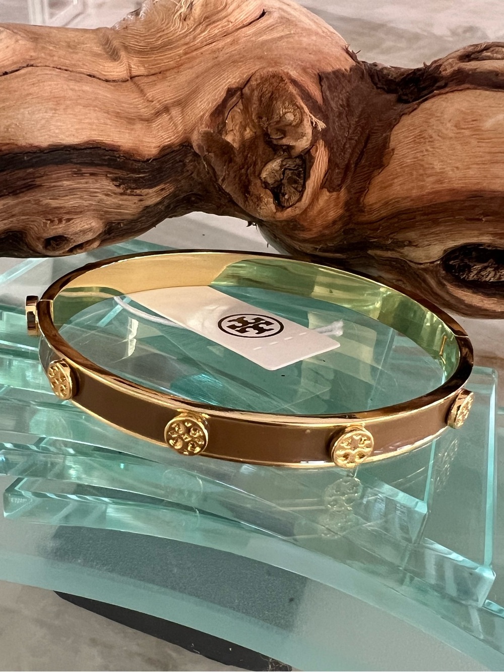 Tory Burch Brown Enamel and Gold Accent Bangle Bracelet